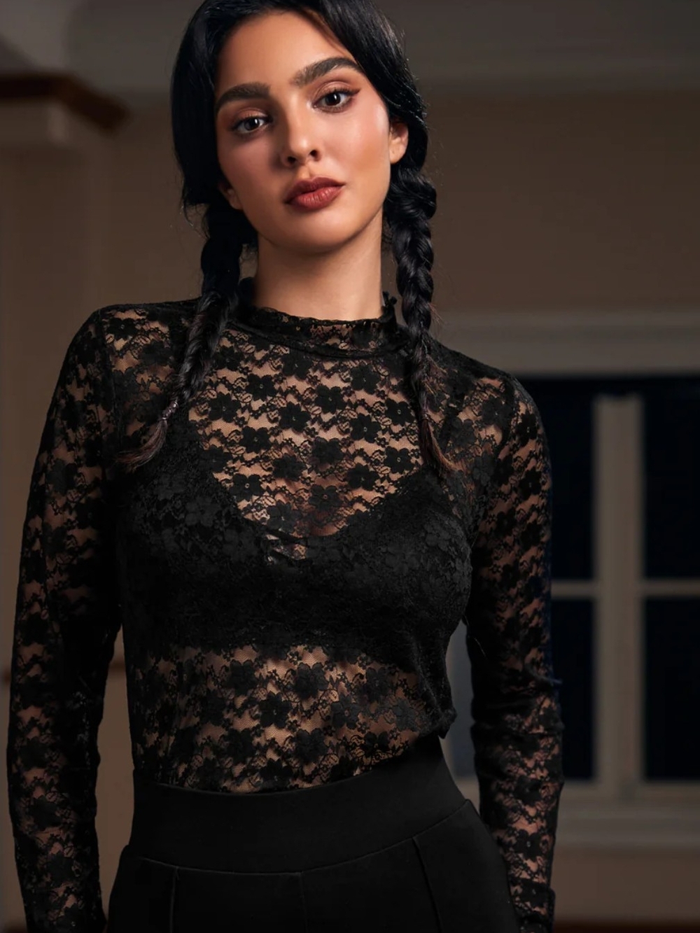 ModCloth Black Lace Long-Sleeve Sheer Top